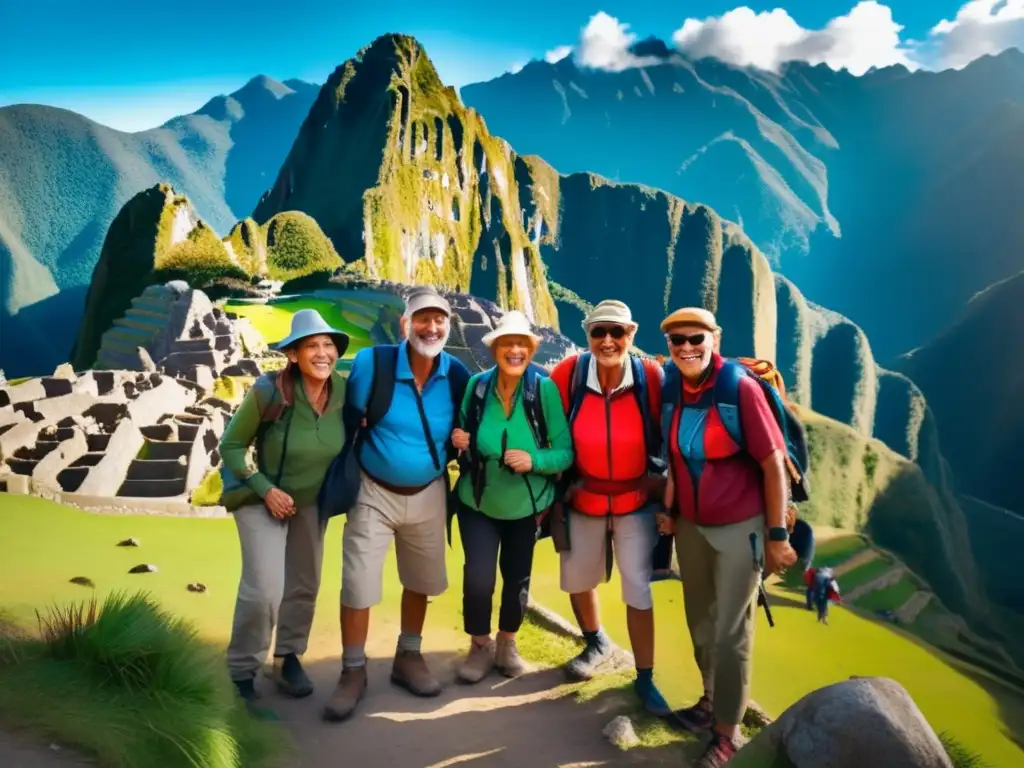 Excursionistas seniors explorando Machu Picchu Grupo de entusiastas de arqueología mayores explorando Machu Picchu - Viajes arqueología para mayores