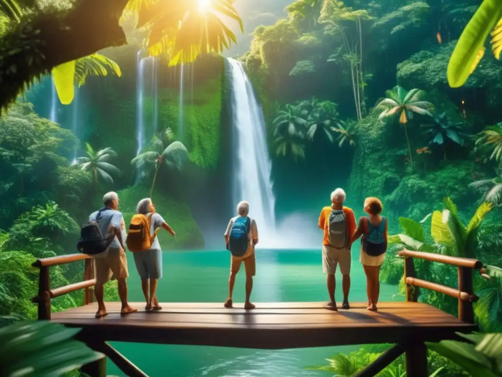 Consejos viaje adultos: Grupo viajeros maduros disfrutan exploración en selva tropical, cascada, felices