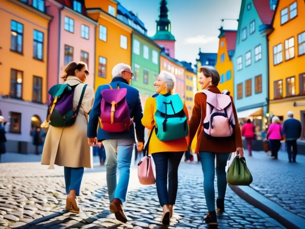 Grupo de viajeros maduros explorando las calles pintorescas de Estocolmo Aventuras seguras para turistas maduros en Estocolmo: grupo de viajeros explorando las coloridas calles de la ciudad