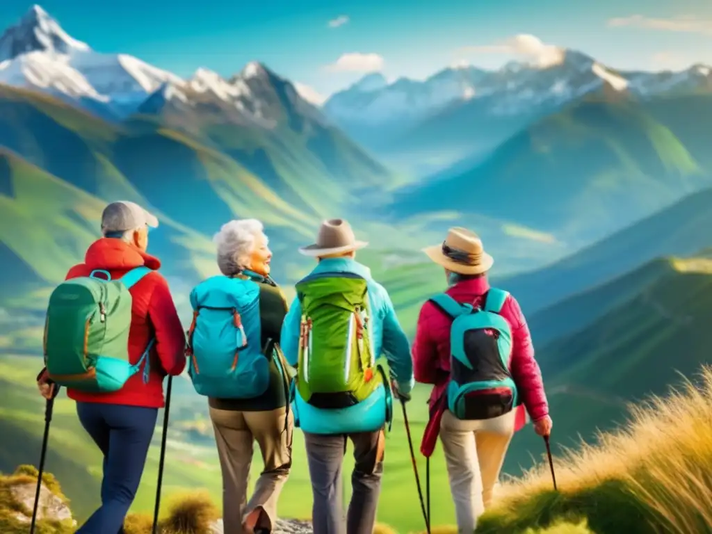Viajeros maduros disfrutando de la montaña Técnicas viaje seguro adultos - Grupo de viajeros maduros en una montaña con vistas panorámicas a un valle verde y montañas nevadas