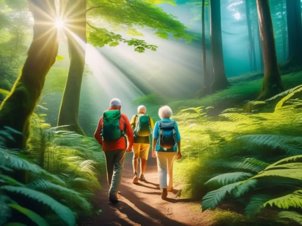 Excursionistas mayores disfrutan de la naturaleza Beneficios del turismo sostenible para viajeros mayores explorando un sendero forestal exuberante y vibrante