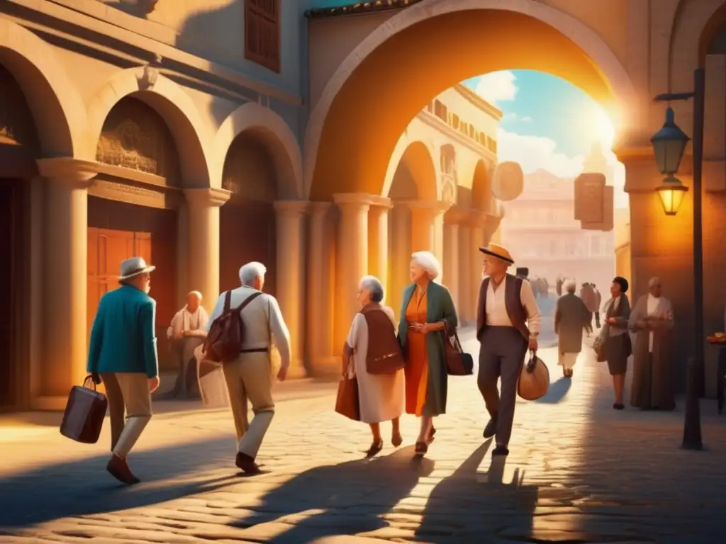 Grupo de viajeros mayores explorando una ciudad antigua Grupo de viajeros adultos explorando una ciudad antigua, con historia y arquitectura vibrante - Rutas de viaje históricas para adultos