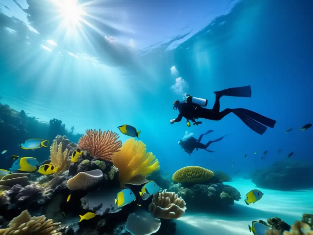 Buceadores exploran arrecife colorido Actividades de buceo para viajeros maduros explorando un paraíso submarino lleno de vida, color y serenidad