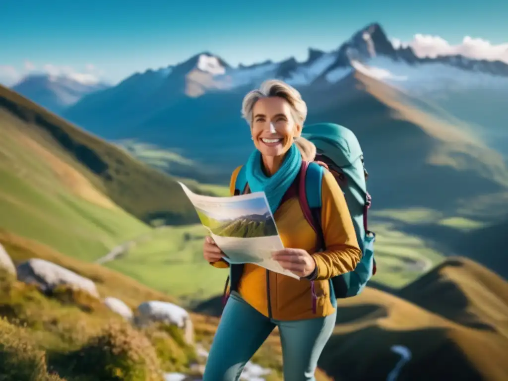 Mujer madura en montaña con paisaje impresionante Mujer madura sonriente en montaña, superando miedo de viajar solo
