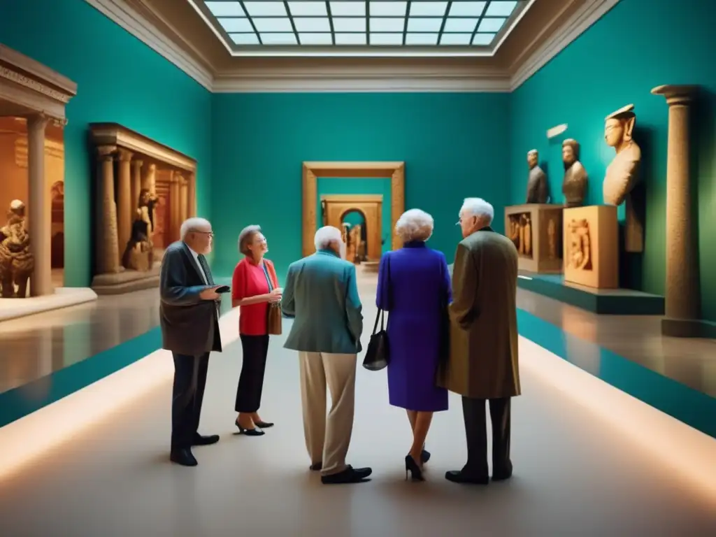 Grupo de mayores explorando un museo de arte Excursión cultural para seniors en museo de arte