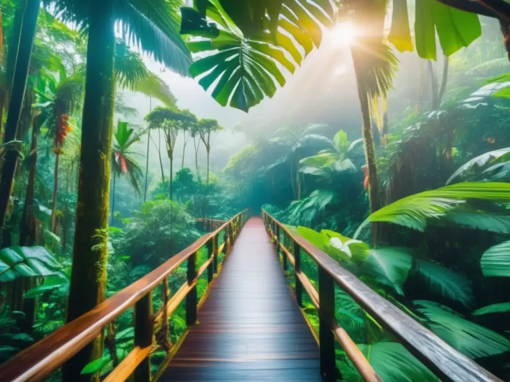 Exuberante selva tropical y ecoturismo Ecoturismo para viajeros mayores en un exuberante bosque tropical con sendero de madera y guía