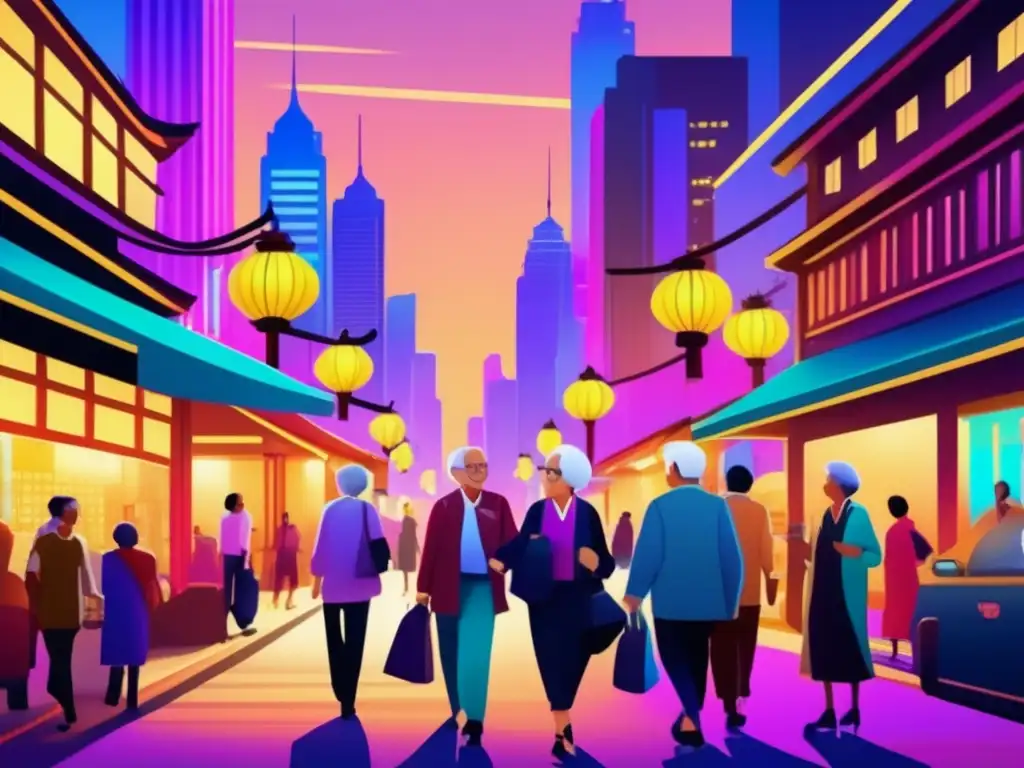 Seniors explorando ciudad asiática al atardecer Anochecer en ciudad asiática: seniors exploran vibrantes calles llenas de luces y rascacielos modernos, disfrutando de seguridad y diversión