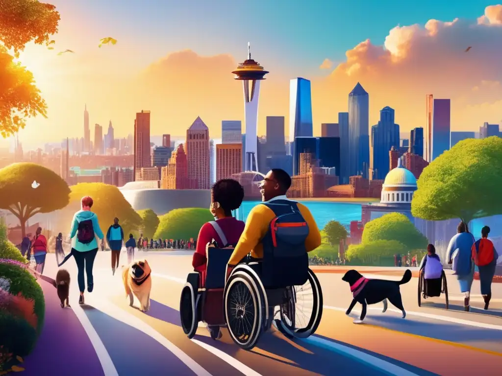 Exploración inclusiva en ciudad vibrante Personas con discapacidad exploran una ciudad vibrante, accesible y llena de posibilidades - Trucos viajar movilidad reducida