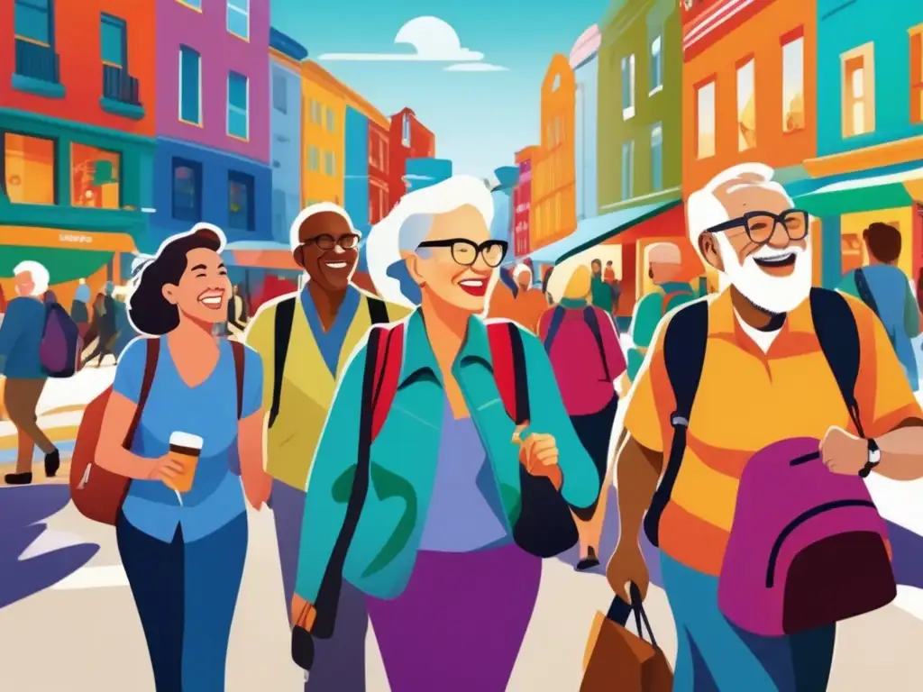 Grupo de adultos mayores explorando una ciudad vibrante Grupo de adultos mayores disfrutando de una ciudad vibrante y explorando, transmitiendo la emoción de los viajes