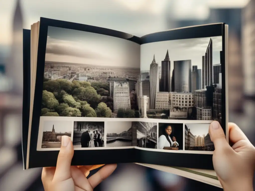 Explorando raíces familiares Consejos para rutas de ancestros viajes: persona emocionada con álbum de fotos antiguas rodeada de ciudad actual