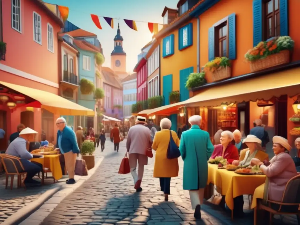 Grupo de seniors felices explorando una ciudad extranjera pintoresca Seniors felices explorando una ciudad extranjera, desmontando mitos sobre viajes para mayores con seguro de viaje