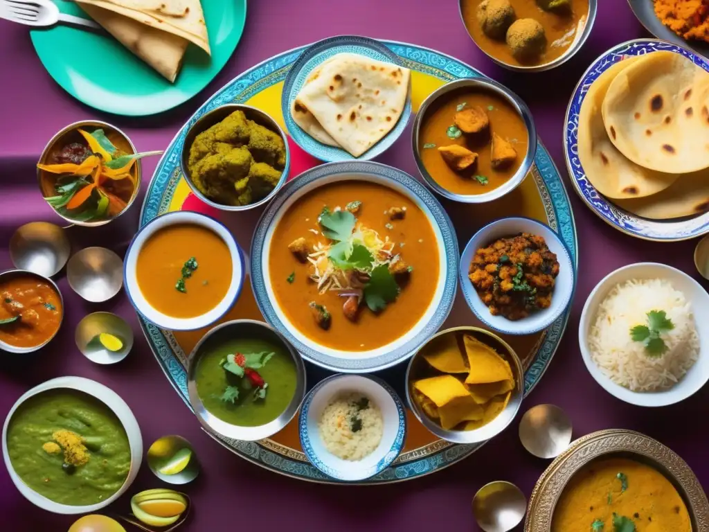 Aventuras culinarias en India: mesa llena de platos tradicionales indios, colores vibrantes y sabores irresistibles