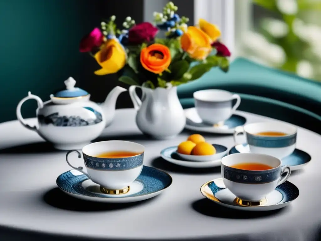Elegante juego de té británico Tradición del té en Reino Unido para seniors - Imagen de un elegante juego de té británico en una mesa decorada con flores y mantel blanco