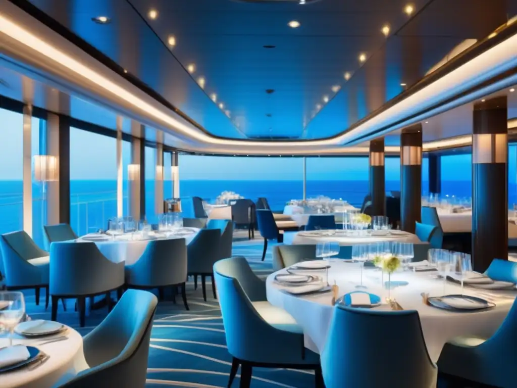 Exquisito comedor de lujo en crucero Exquisita área de comedor en crucero: lujo, diseño moderno, vistas al océano, sofisticación y relajación