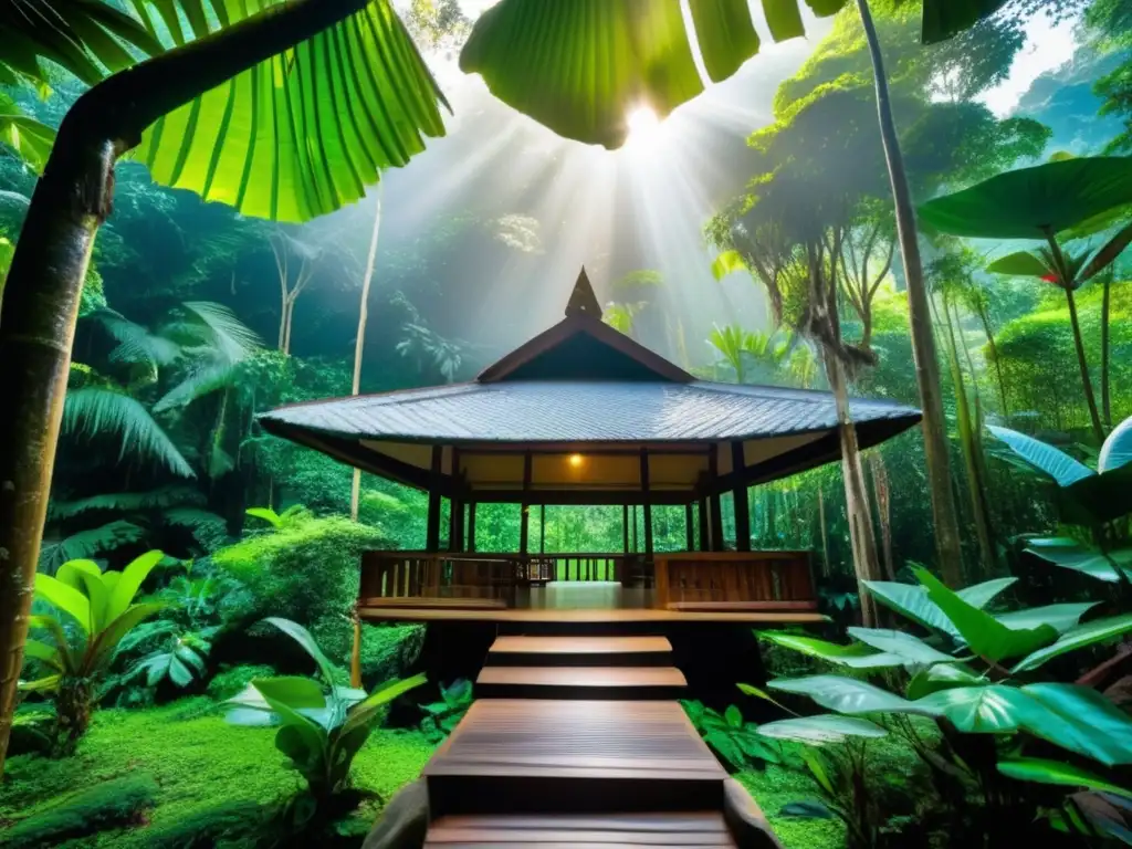 Exuberante selva tropical con pabellón de meditación Retiros de meditación en Latinoamérica: exuberante selva tropical con luz dorada, árboles altos y un pabellón de meditación sereno