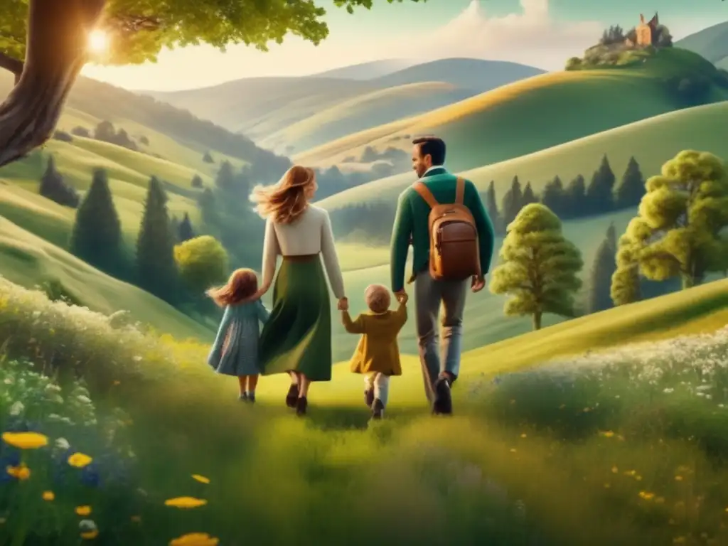 Aventura familiar en paisaje idílico Viajes en familia con historias: paisaje de aventura con una familia feliz caminando y explorando, rodeados de naturaleza exuberante