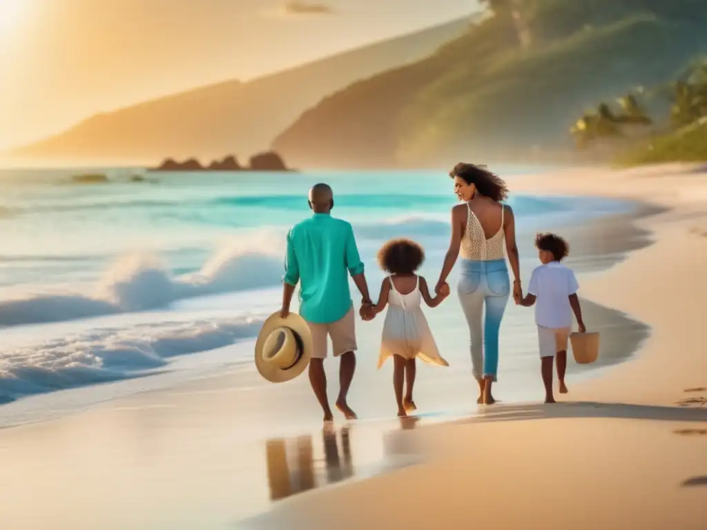 Familia disfrutando en la playa Destinos tranquilos para viaje familiar enriquecedor - Familia feliz disfrutando de una playa pintoresca, con aguas turquesas y arena dorada