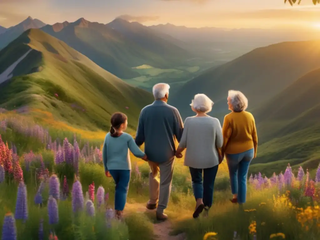 Una familia multigeneracional disfrutando de viajes enriquecedores para seniors en una montaña pintoresca