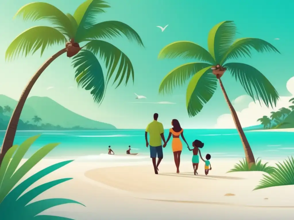 Hermosa playa con agua turquesa, arena blanca, palmeras, familia feliz y cielo azul