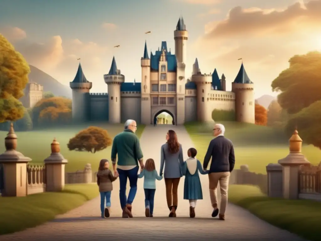 Familia multigeneracional en castillo ancestral Un viaje genealógico enriquecedor: familia multigeneracional frente a un majestuoso castillo ancestral