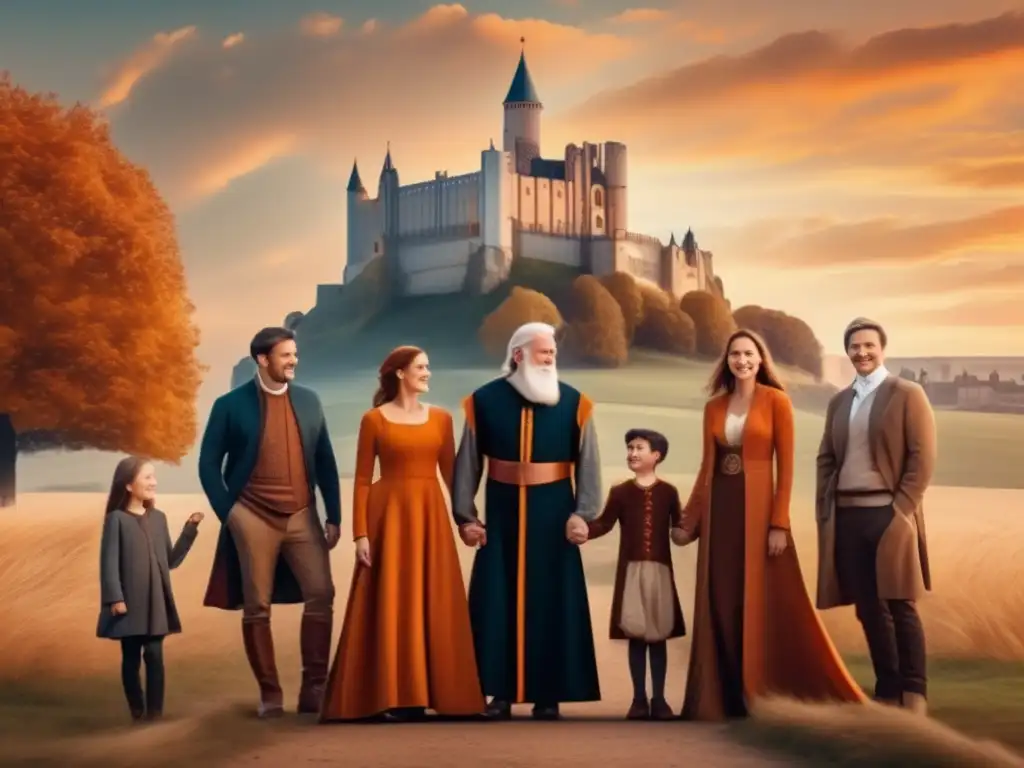 Familia multigeneracional frente a castillo medieval Familia multigeneracional frente a majestuoso castillo medieval, viaje genealógico intergeneracional enriquecedor