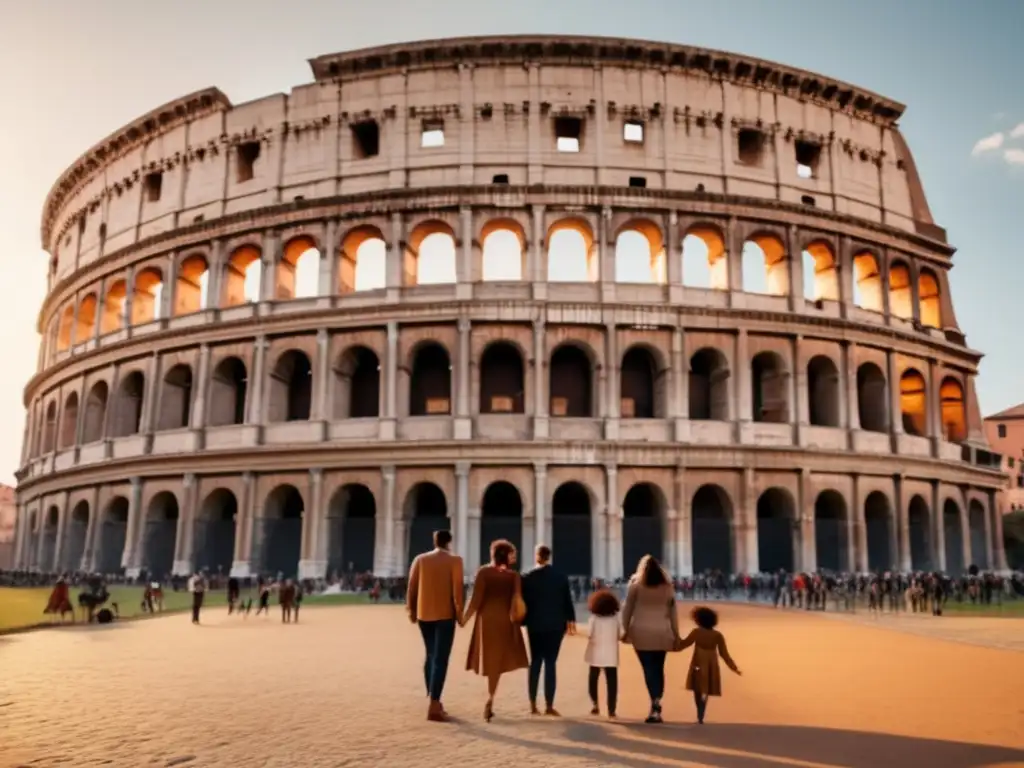 Familia admirando el Coliseo en Roma Viajes en familia con historias: una imagen detallada en 8k de una familia frente a un majestuoso hito histórico, como el Coliseo en Roma