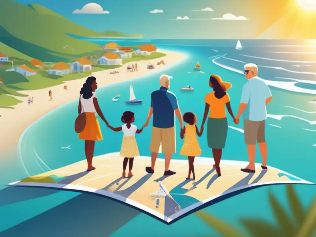 Familia multigeneracional en la playa Un viaje genealógico enriquecedor en la playa con una familia multigeneracional frente al mar, discutiendo en un mapa interactivo