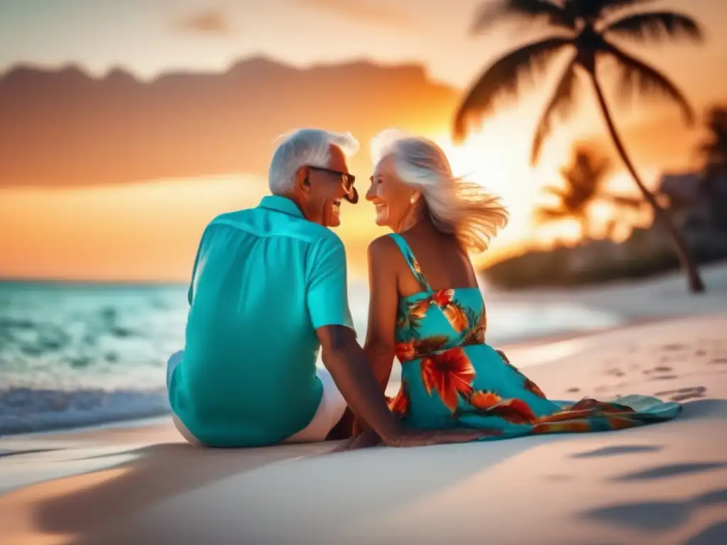Pareja feliz disfrutando en la playa Feliz pareja en playa, viajes largos tercera edad y consejos finanzas