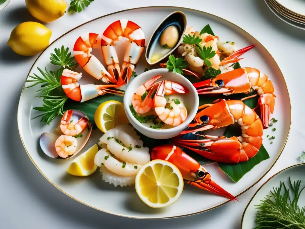 Delicioso festín de mariscos Un plato exquisitamente presentado de mariscos frescos y pescados invita a los viajeros senior a disfrutar de una experiencia culinaria en cruceros