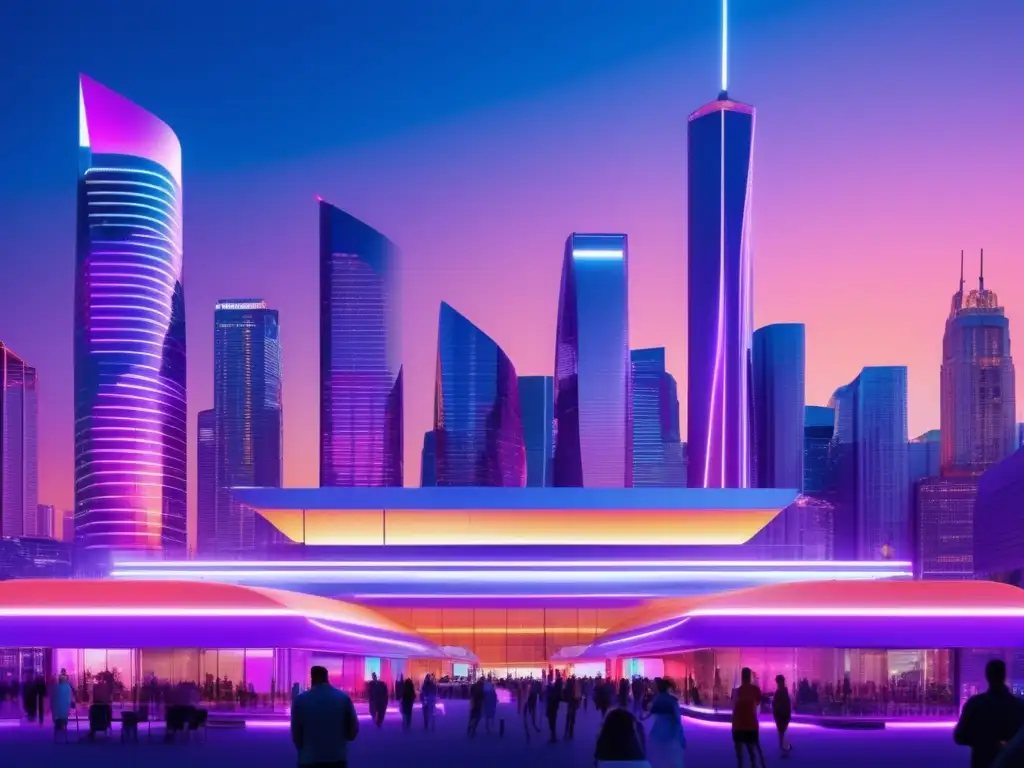 Festival arquitectónico nocturno con diseño futurista Festival arquitectura adultos mayores ciudad futurista, iluminada por luces neón, rascacielos vidrio, instalaciones interactivas