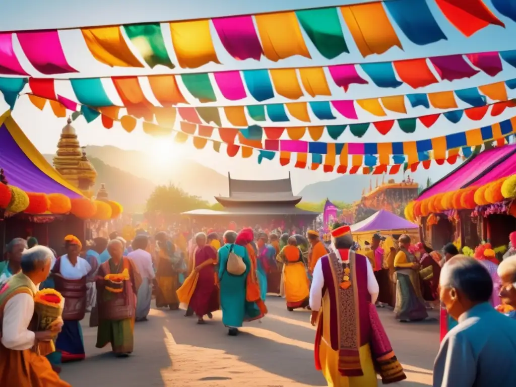 Consejos festivales viajeros senior: escena vibrante de festival con colores vivos y multitud animada