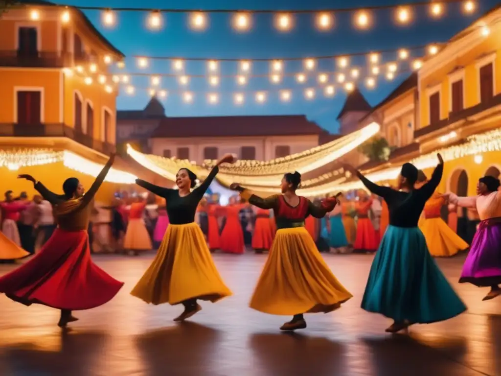 Festival danza para viajeros senior en plaza vibrante con música animada y arquitectura tradicional-moderna