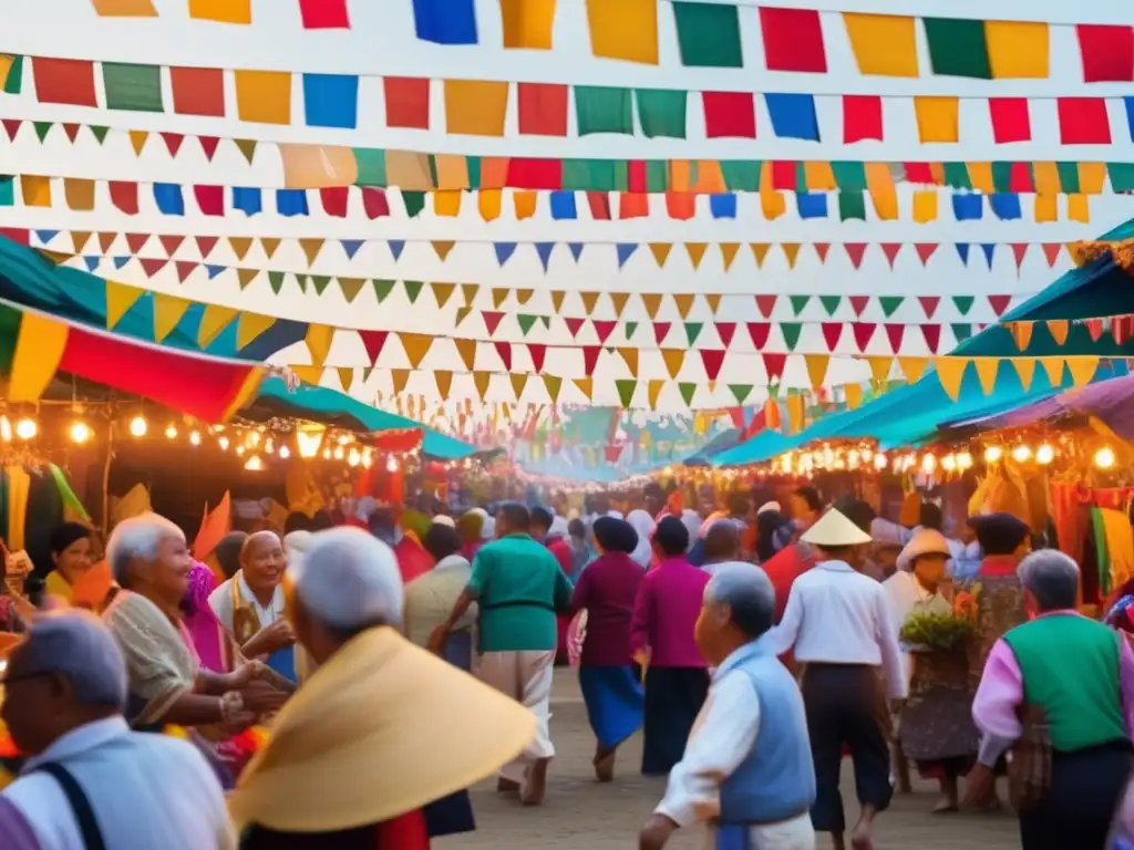 Consejos festivales viajeros senior en un mercado vibrante y lleno de vida, con bailes tradicionales y artesanías