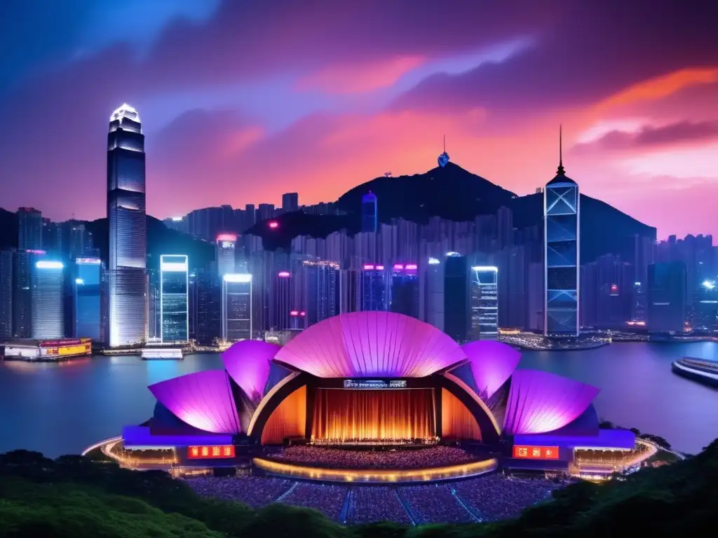 Festival de Música Clásica en Hong Kong Festival música clásica en Hong Kong: Escena mágica al atardecer con orquesta, piano y público de viajeros seniors