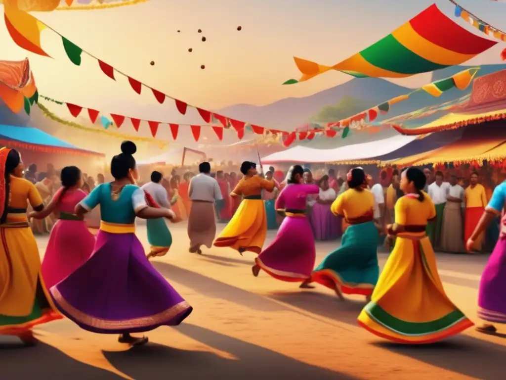 Festival tradicional lleno de vida Consejos para disfrutar festivales seguros: vibrante escena de festival tradicional con diversidad cultural, música, juegos, comida y tradiciones