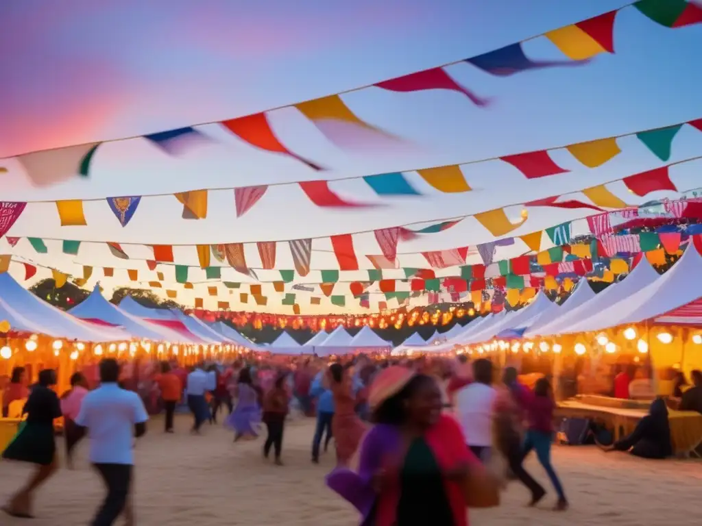 Fiesta vibrante y alegre al atardecer Escena vibrante y dinámica de un festival al atardecer