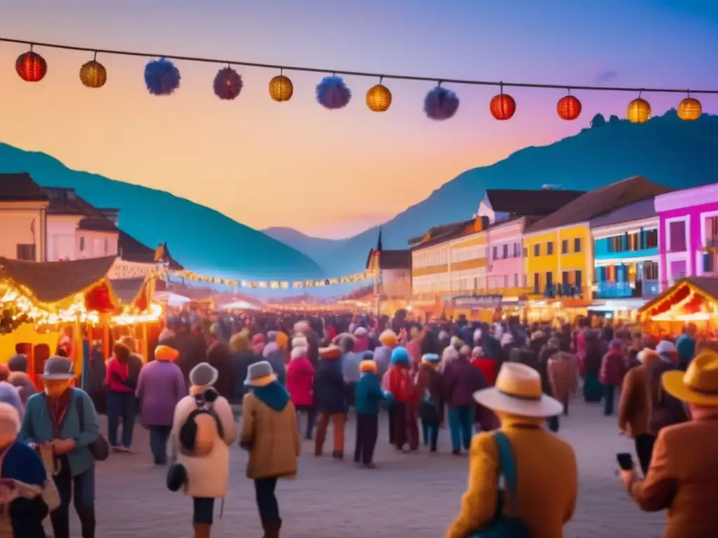 Consejos festivales viajeros senior: Escena vibrante de un festival al atardecer, con plaza animada, decoraciones coloridas y ambiente festivo