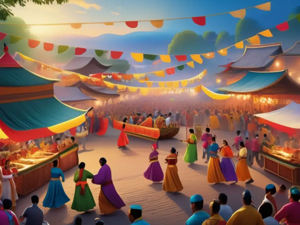 Escena vibrante y festiva de un tradicional festival Consejos para disfrutar festivales seguros: escena vibrante y detallada de festival tradicional, con música, comida y comunidad