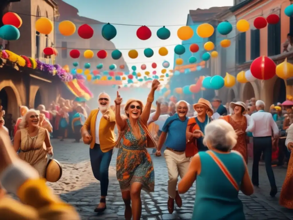 Consejos festivales viajeros senior: escena vibrante de festival con viajeros mayores inmersos en la celebración