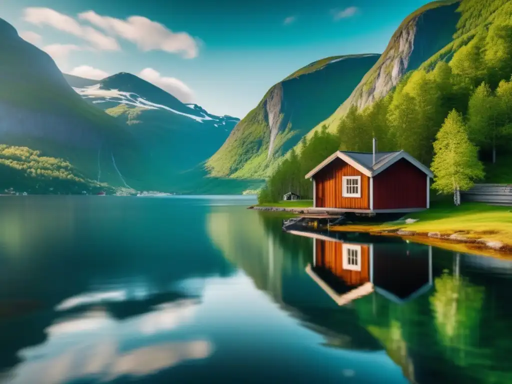 Maravilloso fiordo en Escandinavia: naturaleza y serenidad Viaje ecológico a un sereno fiordo en Escandinavia con montañas nevadas, bosques verdes y una cabaña acogedora
