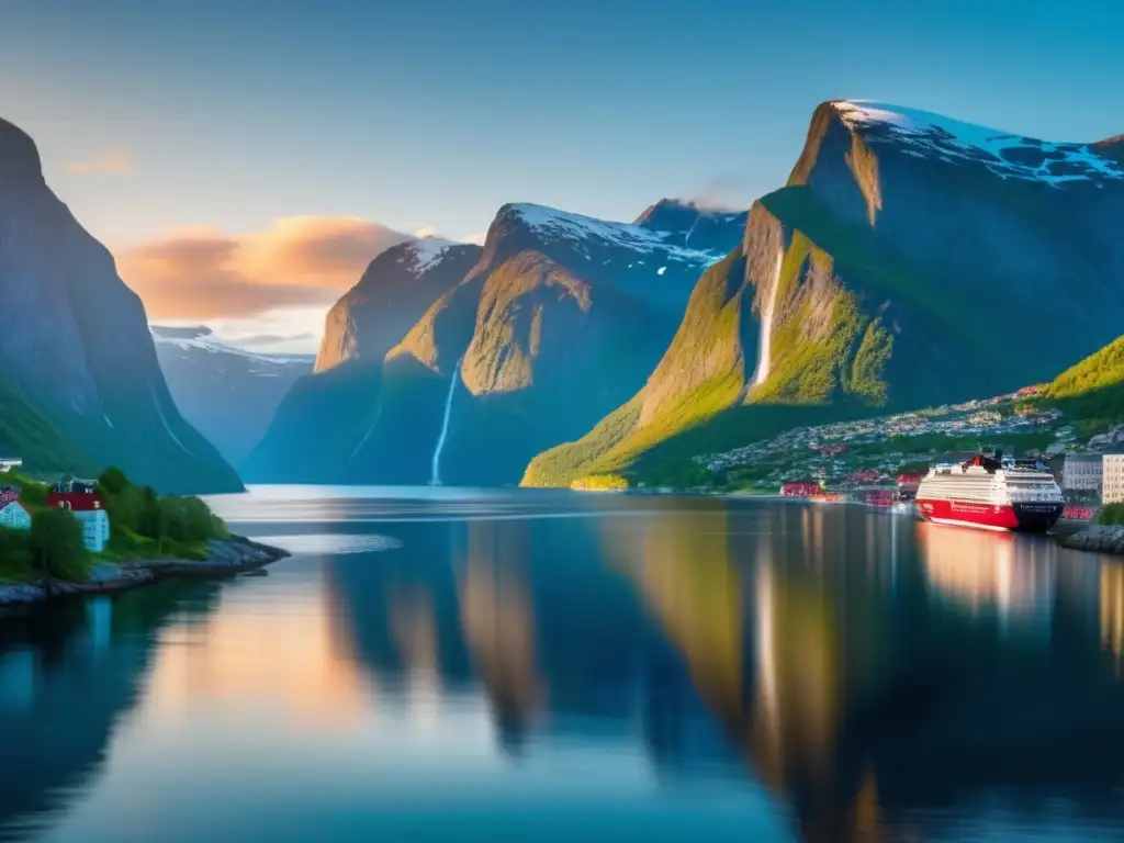 Belleza encantadora de los fiordos noruegos al atardecer Cruceros tranquilos para viajeros maduros en los encantadores Fiordos Noruegos al atardecer