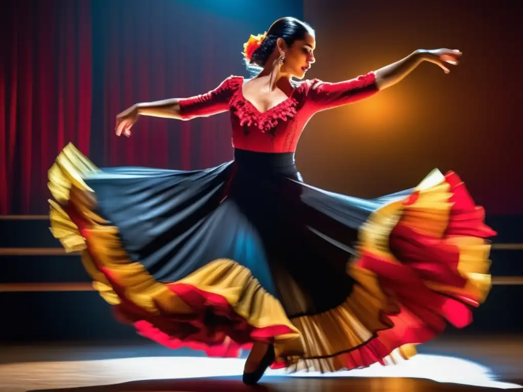 Bailarina de flamenco con pasión y elegancia Experiencia de danza flamenca: Dancer con traje tradicional, ruffles coloridos, atmósfera dramática y pasión