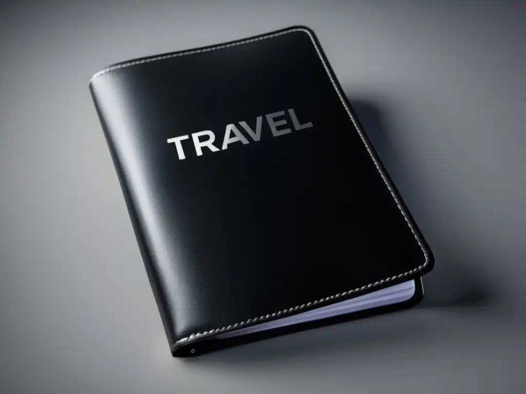 Consejos para organizar documentación de viaje: Carpeta de viaje en piel negra con documentos ordenados y detallados