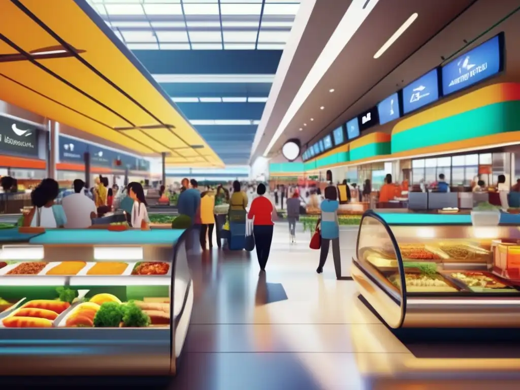 Opciones saludables en concurrido food court Food court vibrante y diverso con opciones saludables - Consejos alimentación saludable viajes