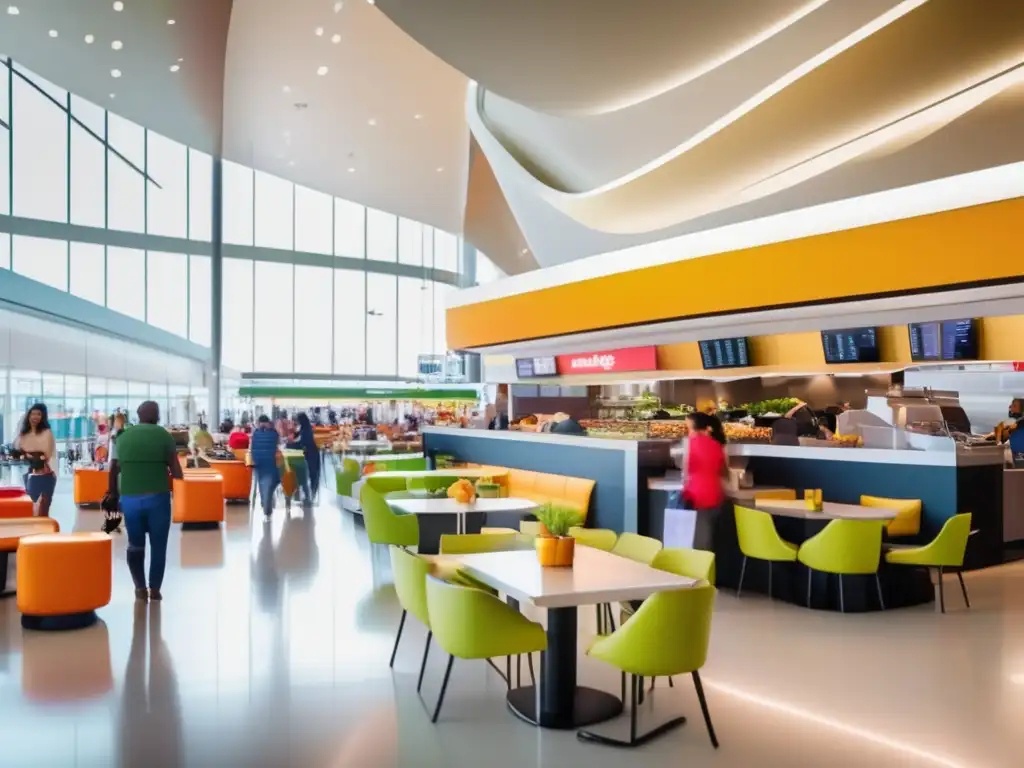 Un food court moderno y vibrante en un aeropuerto Un espacio de comida moderno y vibrante en un aeropuerto, con opciones de alimentos frescos y saludables