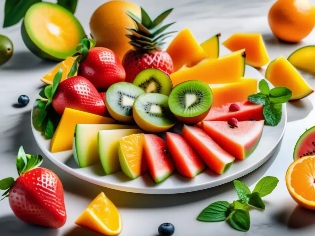 Delicioso plato tropical de frutas Frutas tropicales en plato blanco: Consejos dieta saludable vacaciones todo incluido