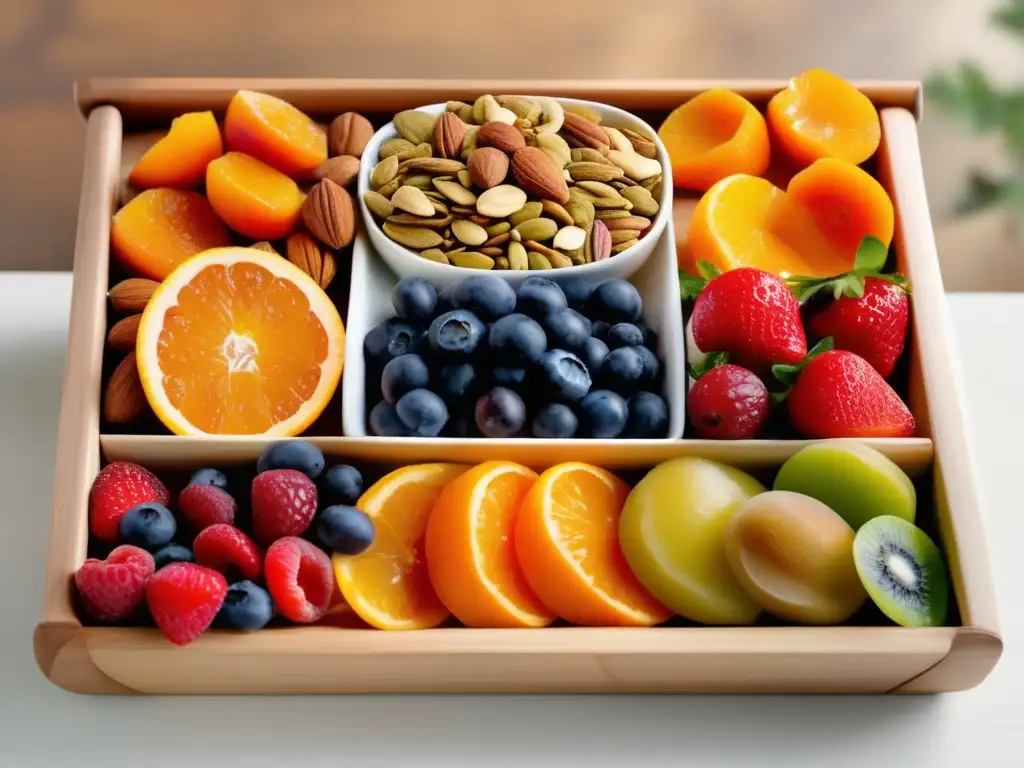 Frutales frescos y secos con nueces y semillas Variedad de frutas frescas y deshidratadas, nueces y semillas, junto a verduras cortadas