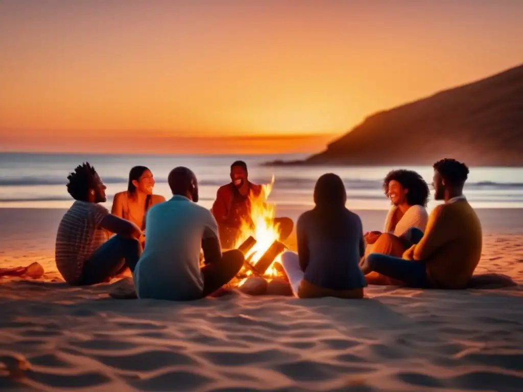 Conexiones y amistades en la playa Grupo diverso de viajeros en una fogata en la playa al atardecer, creando conexiones y amistades - Estrategias para combatir la soledad