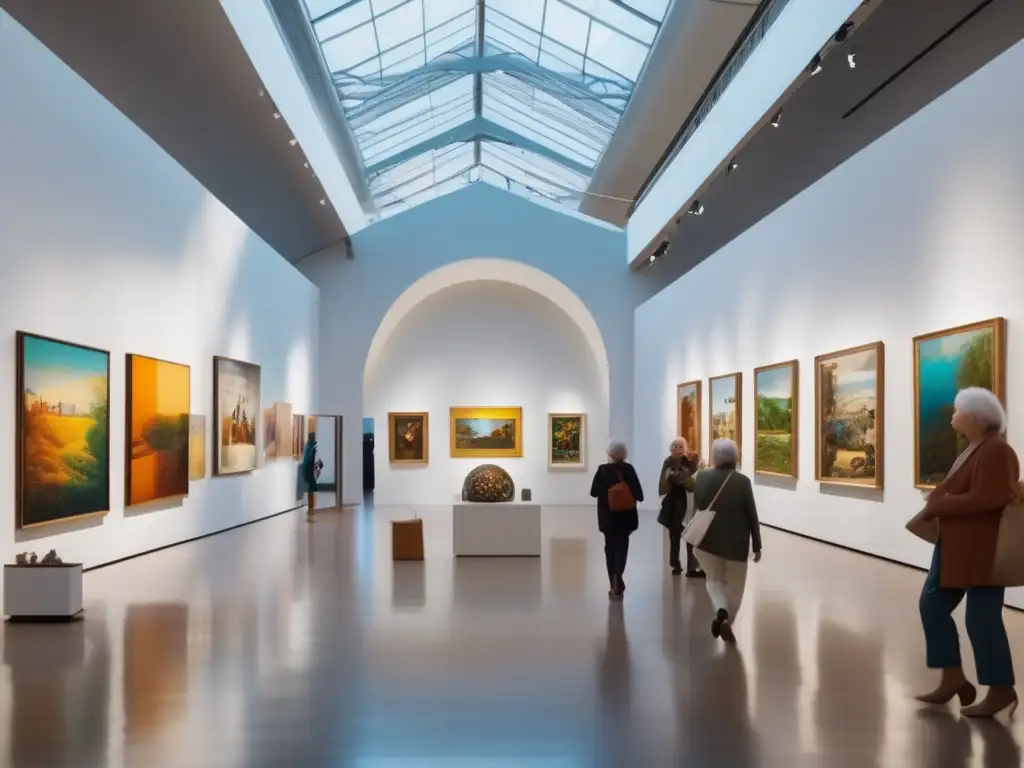 Hermosa galería de arte con obras vibrantes y visitantes cautivados Exposición arte 8k, galería luminosa con obras variadas