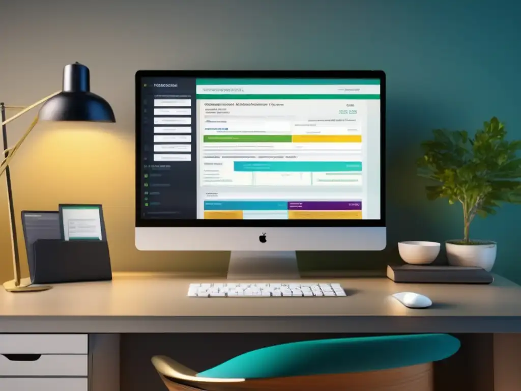 Escritorio minimalista con monitor de alta resolución que muestra base de datos genealógica especializada con registros de inmigración